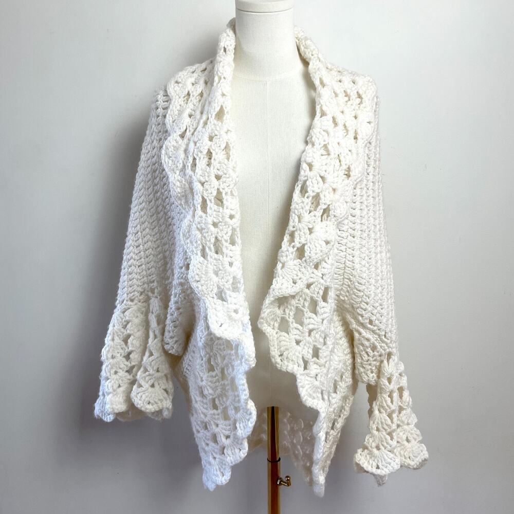 Handmade Crochet Sweater Shawl Shrug M-L Bell Sleeve White Cottage Boho Festival
